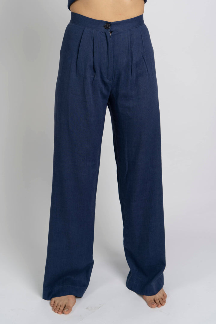 Pantalon taille haute en lin bleu