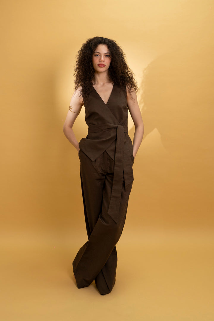 Pantalon en lin marron vert