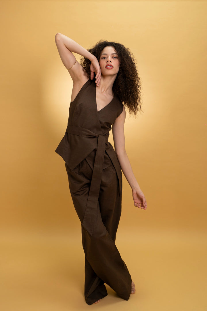 Pantalon en lin marron vert