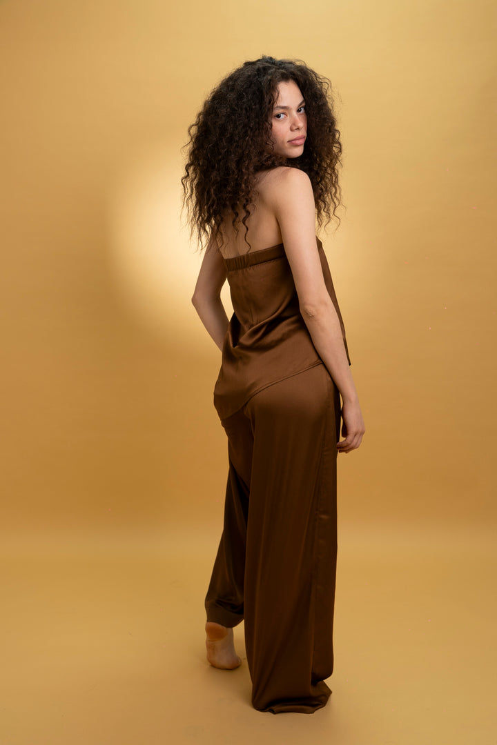 Pantalon fluide satiné marron
