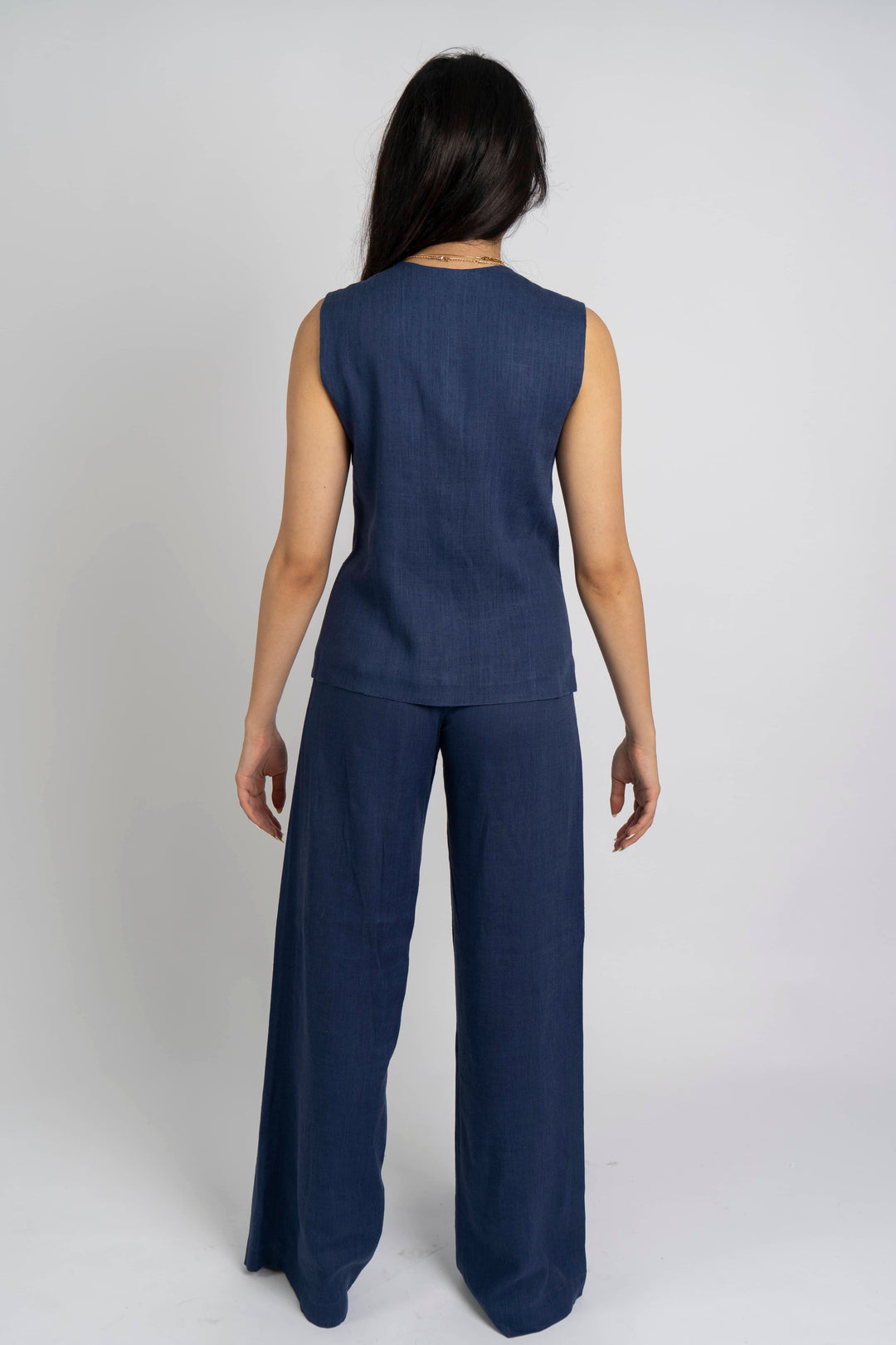 Pantalon taille haute en lin bleu