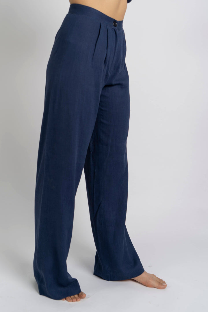 Pantalon taille haute en lin bleu