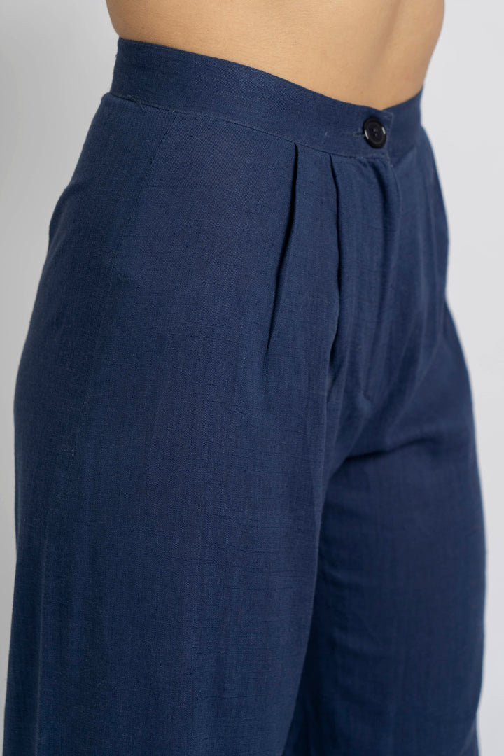 Pantalon taille haute en lin bleu