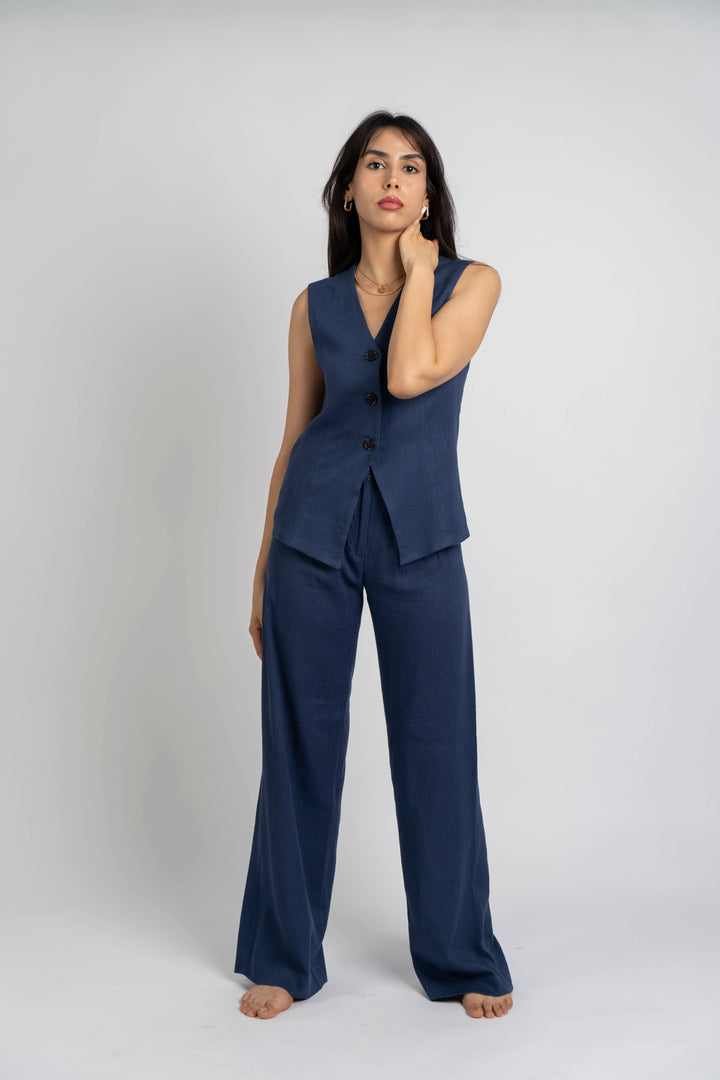 Pantalon taille haute en lin bleu