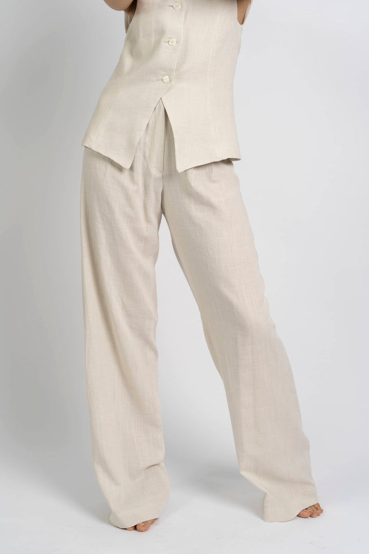 Pantalon taille haute en lin écru