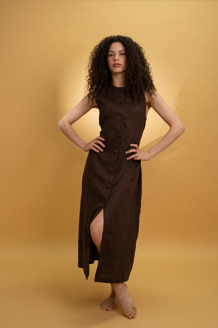 Robe midi en lin marron