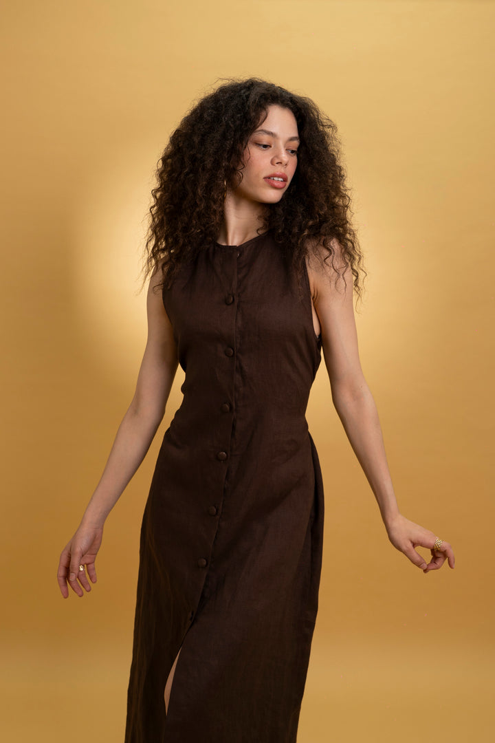 Robe midi en lin marron