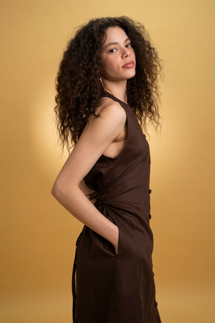 Robe midi en lin marron