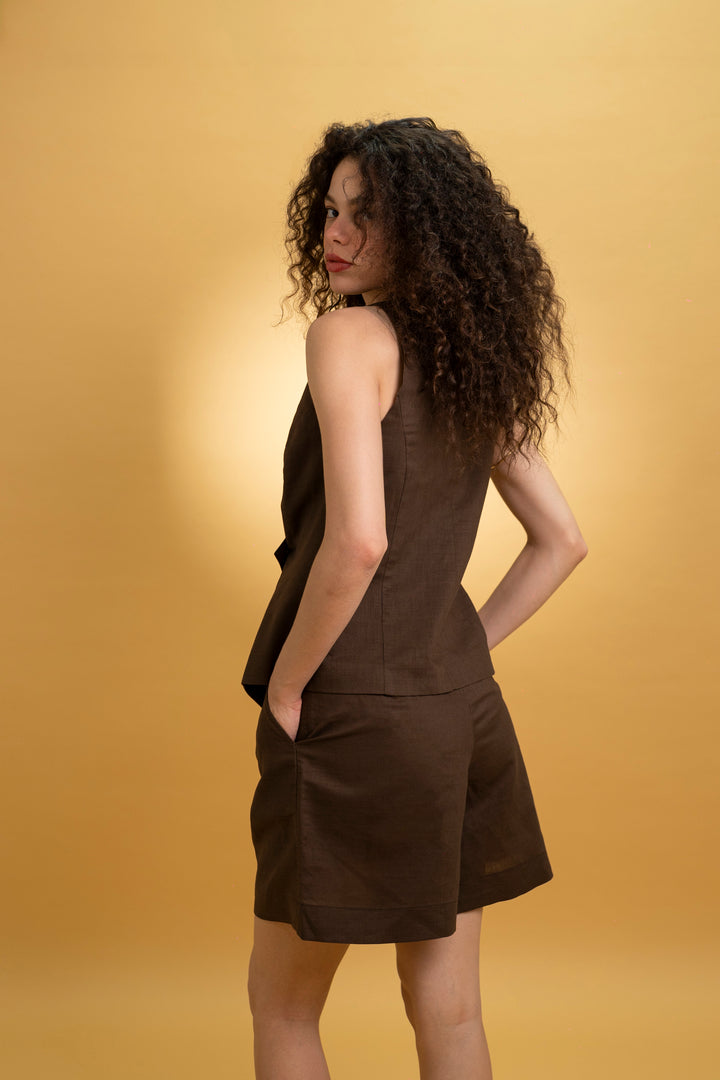Short taille haute en lin marron vert