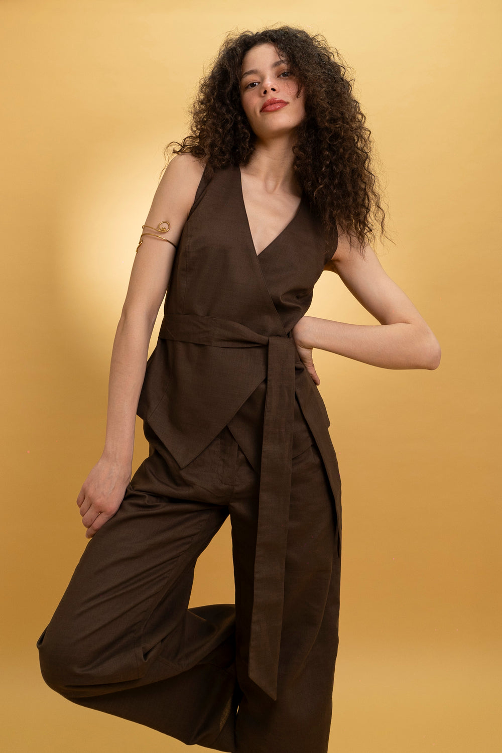 Veste croisée en lin marron vert