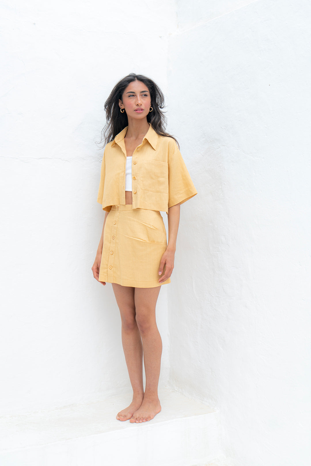 Chemisier oversized en lin jaune moutarde