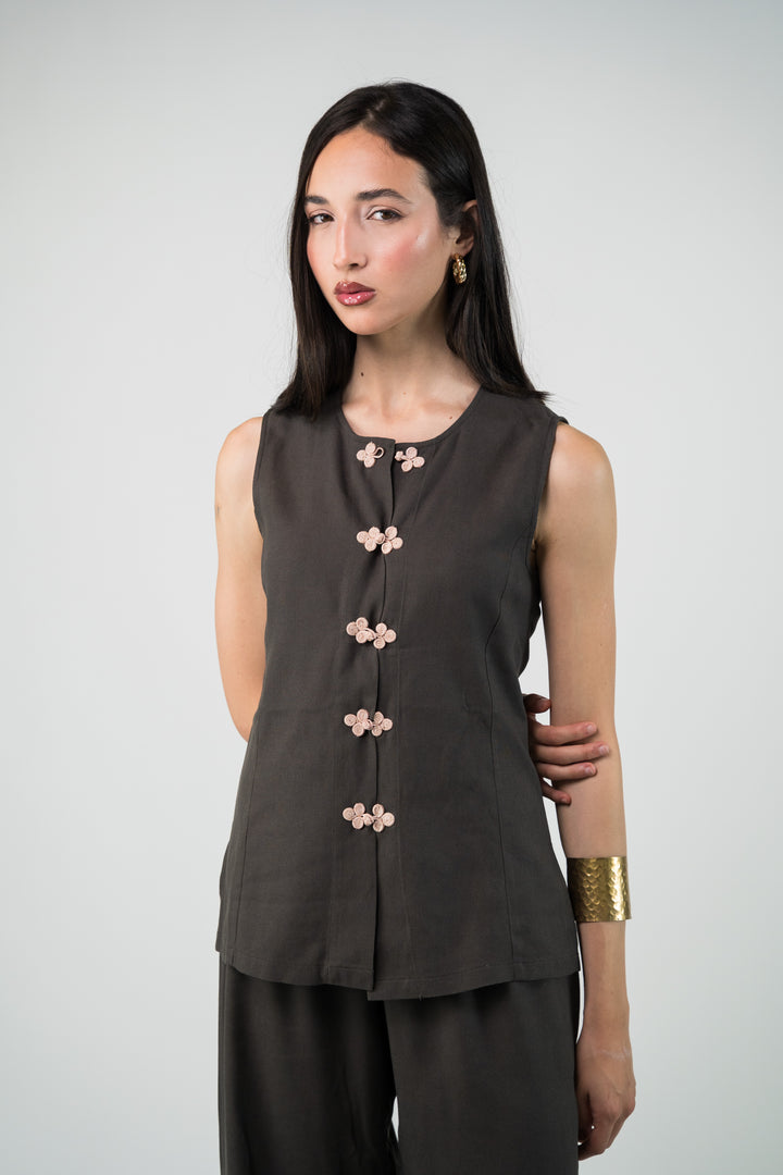 Veste lin sans manches verte foncé