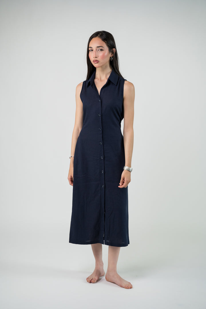 Robe midi en lin bleu marine